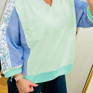 Green Color Block Floral Patchwork Long Sleeve Notched Neck Plus Size Top