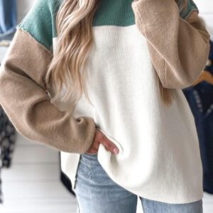 Green Color Block Plain Ribbed Knit Baggy Sweater