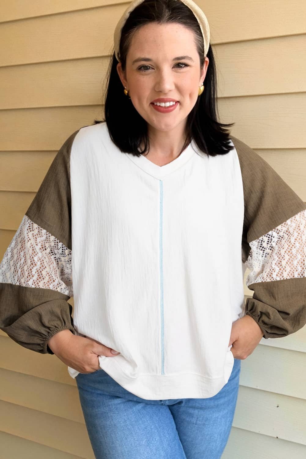 Green Colorblock Lace Patchwork Balloon Sleeve V Neck Plus Size Blouse