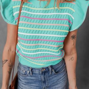 Green Colorful Striped Eyelet Knit Ruffled Sleeve Sweater T Shirt