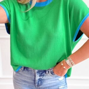 Green Contrast Trim Round Neck Short Sleeve Loose Knit Sweater
