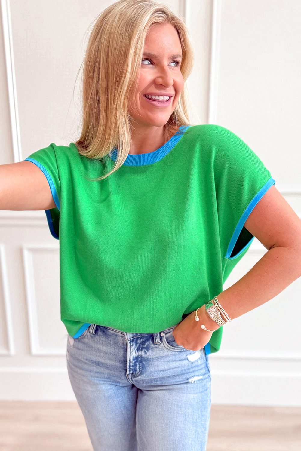 Green Contrast Trim Round Neck Short Sleeve Loose Knit Sweater