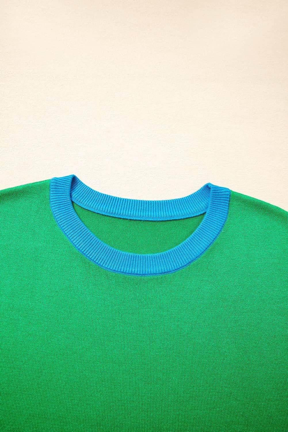 Green Contrast Trim Round Neck Short Sleeve Loose Knit Sweater