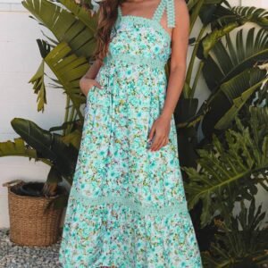 Green Floral Lace Tied Strap Empire Waist Maxi Dress
