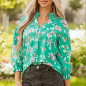 Green Floral Lantern Sleeve Button Front Shirt