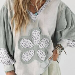 Green Floral Patched Waffle Textured Colorblock V Neck Casual Hooded Top