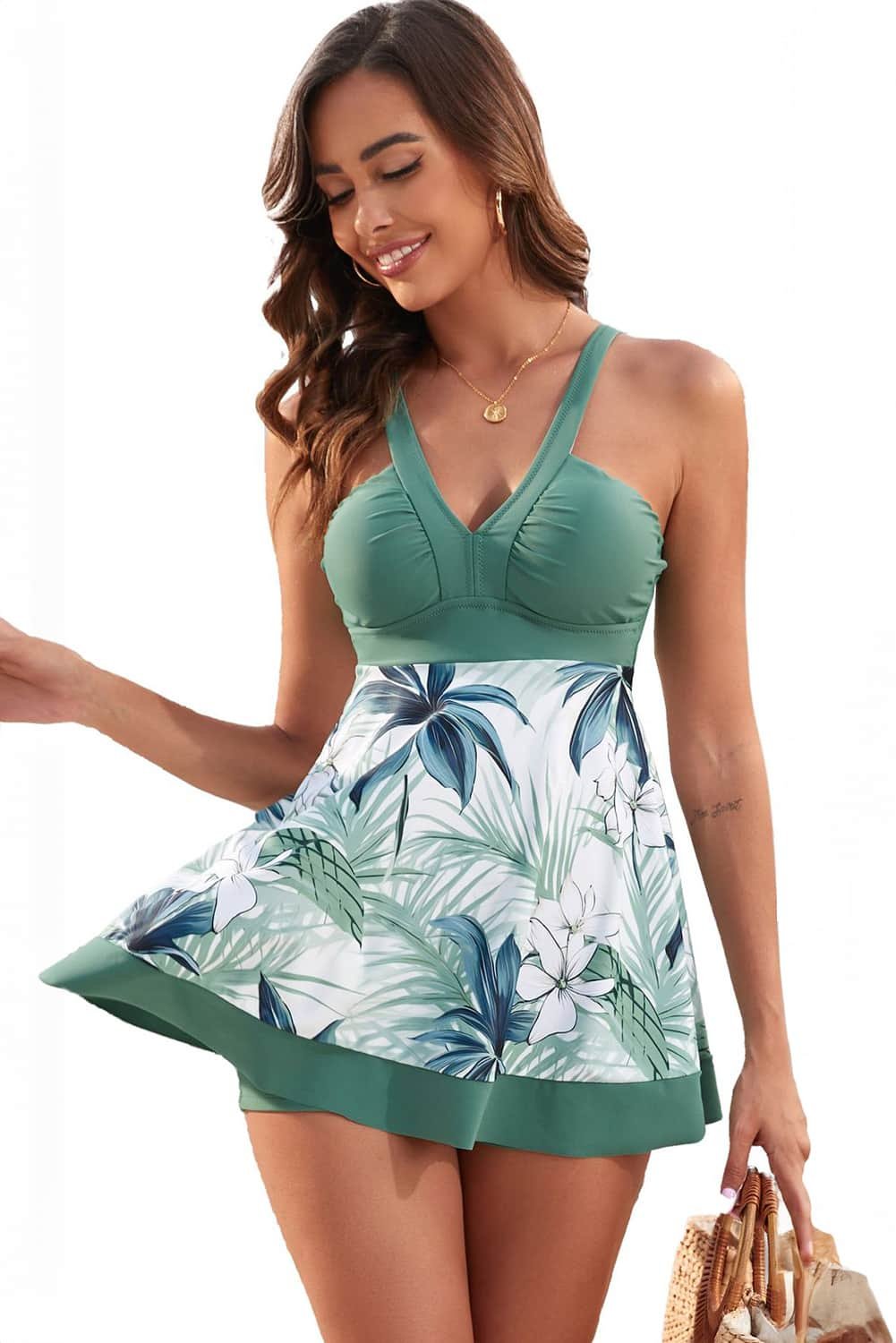 Green Floral Patchwork V Neck Swimdress With Shorts