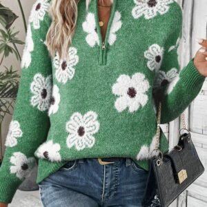 Green Floral Pattern Half Zip Drop Shoulder Sweater