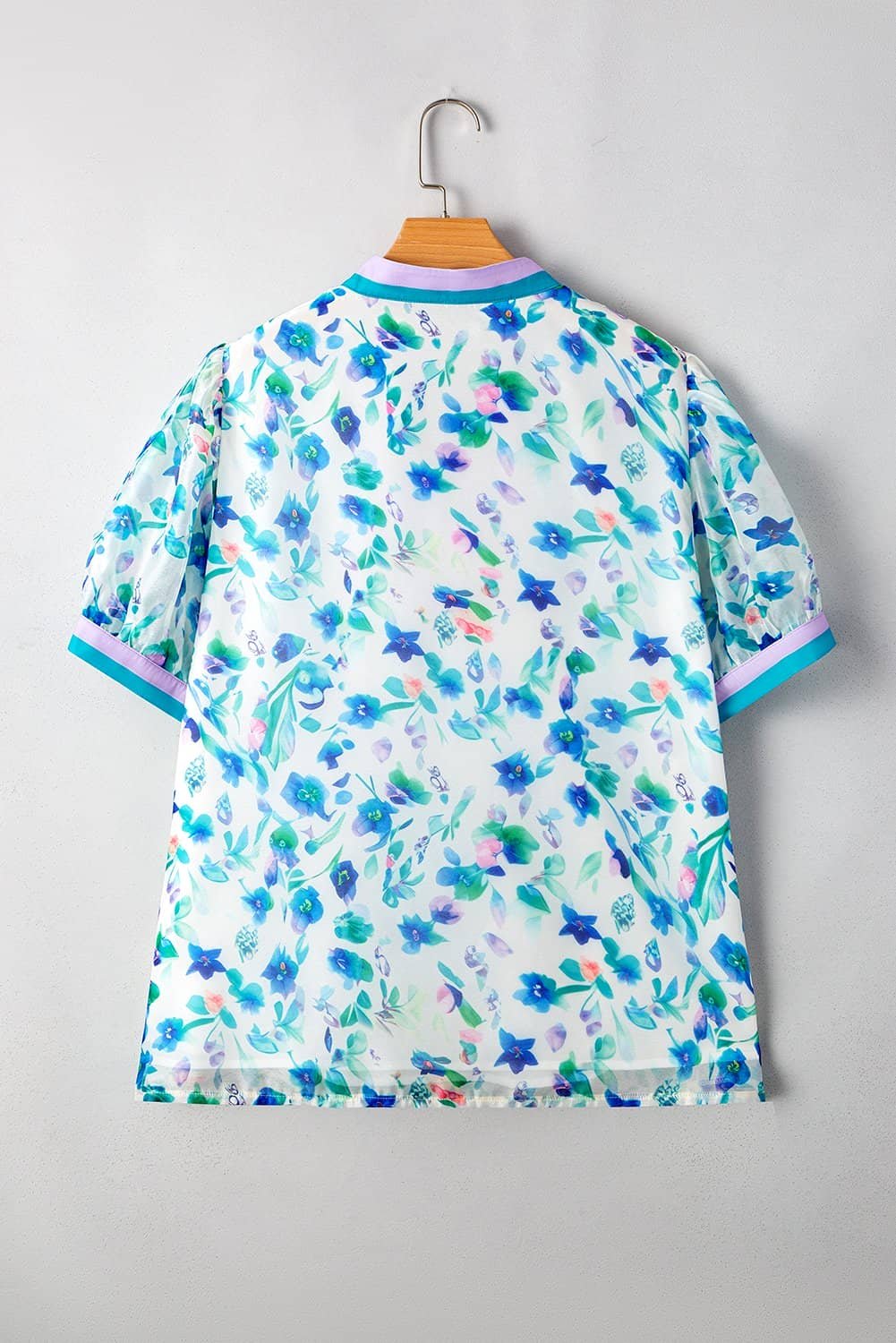 Green Floral Print Colorblock Edge Puff Sleeve Split Neck Plus Size Blouse