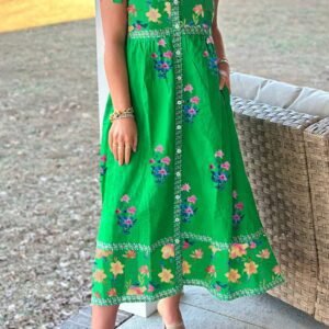 Green Floral Print Contrast Trim Knotted Straps Midi Dress