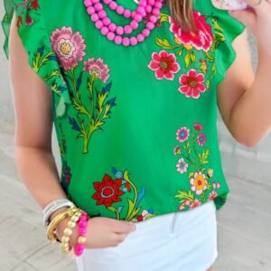 Green Floral Print Flutter Sleeve Frilly Neck Blouse