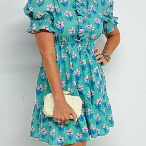 Green Floral Print Frilly Smocked Detail High Waist Mini Dress
