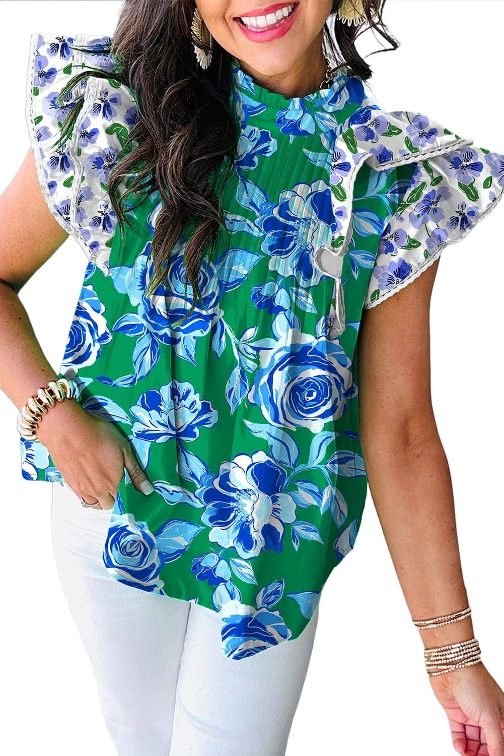 Green Floral Print Lace Trim Contrast Ruffle Sleeve Pleated Loose Blouse