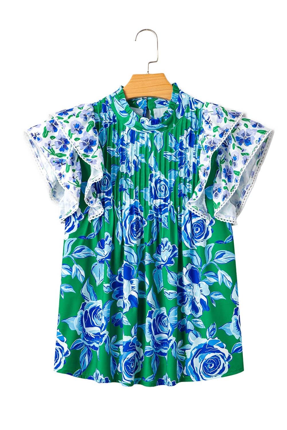 Green Floral Print Lace Trim Contrast Ruffle Sleeve Pleated Loose Blouse