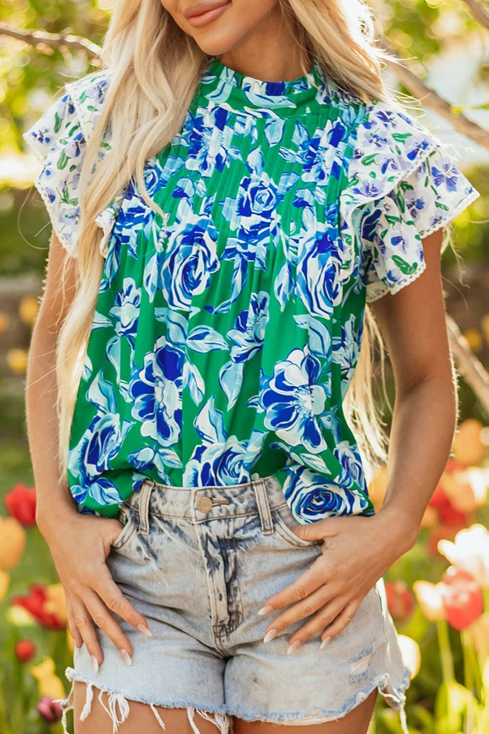 Green Floral Print Lace Trim Contrast Ruffle Sleeve Pleated Loose Blouse
