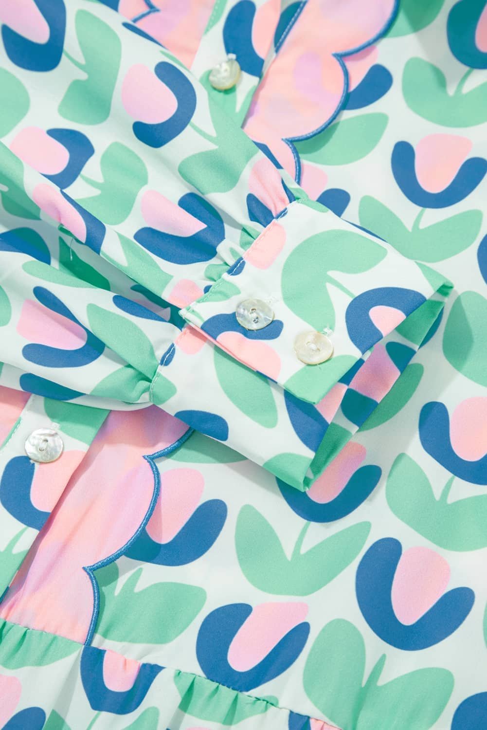 Green Floral Print Notched Neck Scalloped Detail Long Sleeve Mini Dress