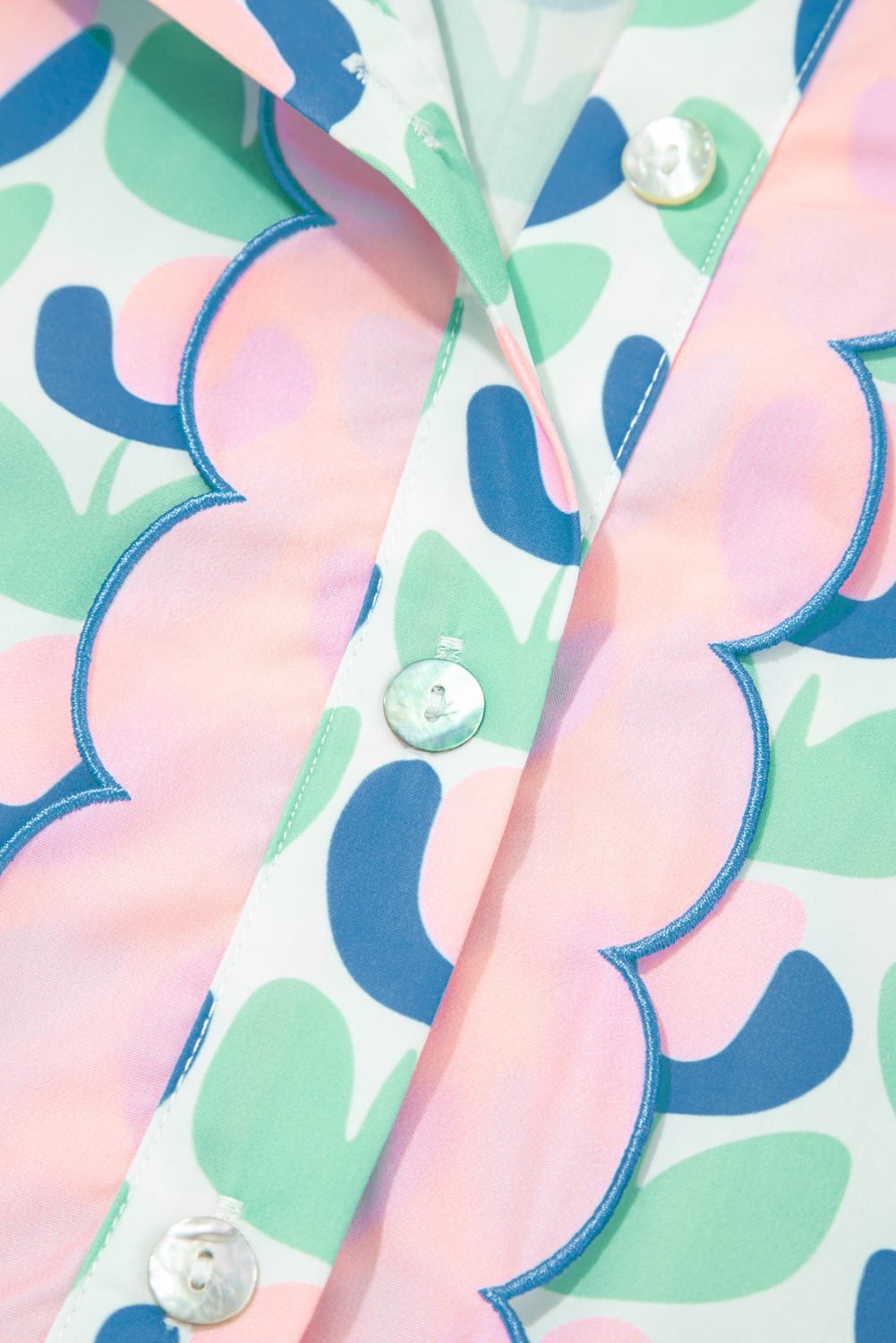 Green Floral Print Notched Neck Scalloped Detail Long Sleeve Mini Dress