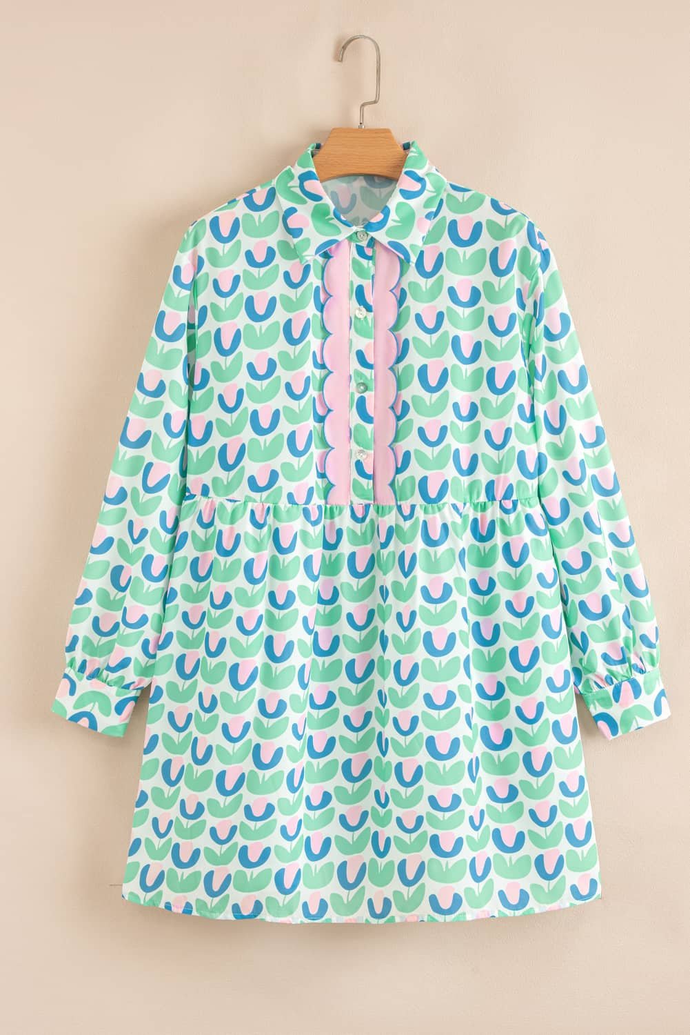 Green Floral Print Notched Neck Scalloped Detail Long Sleeve Mini Dress