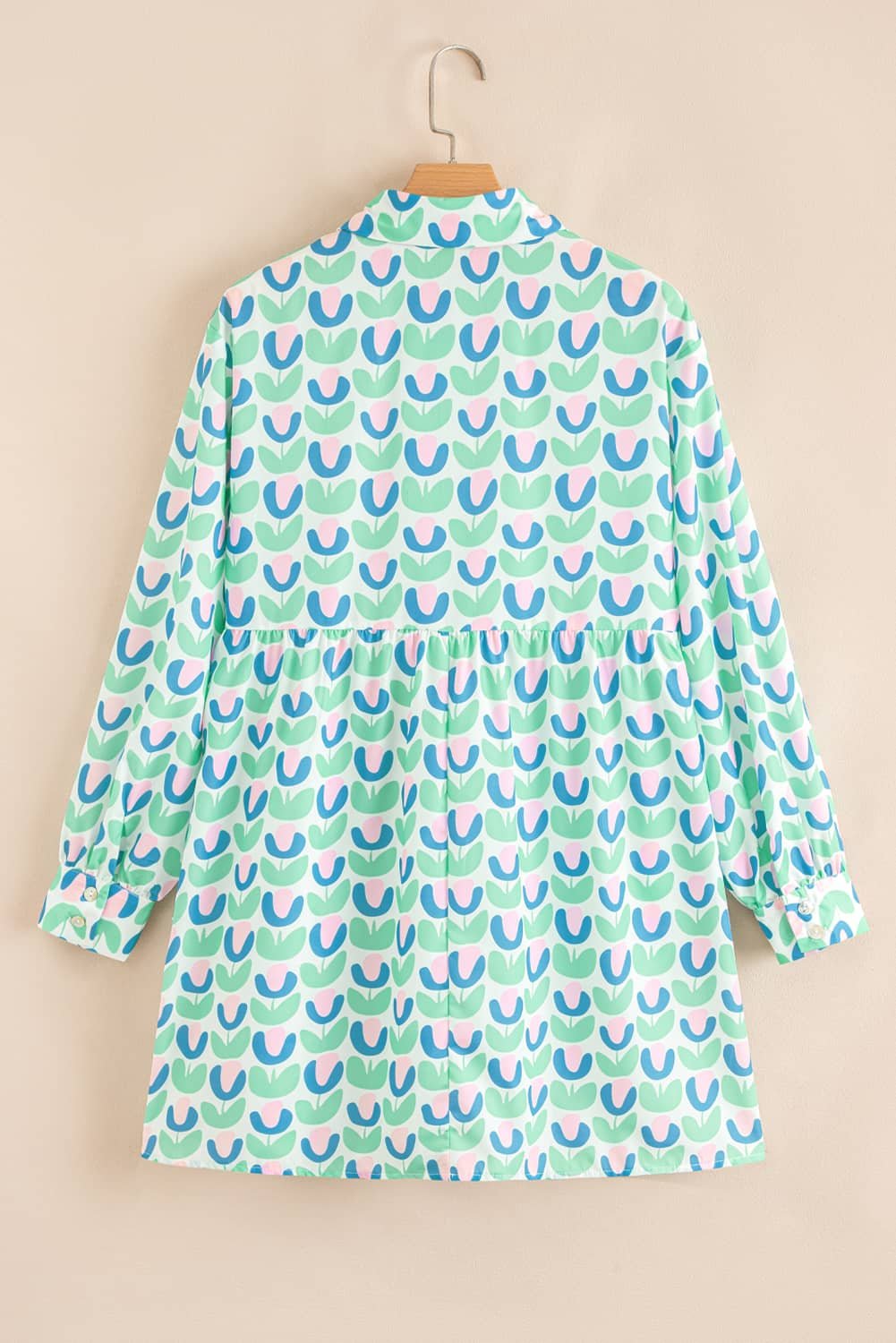 Green Floral Print Notched Neck Scalloped Detail Long Sleeve Mini Dress
