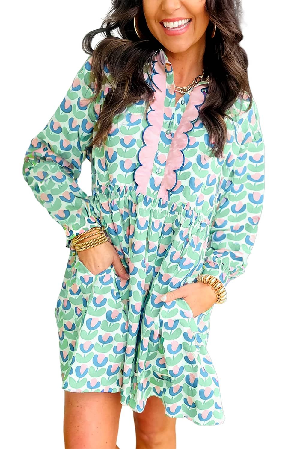 Green Floral Print Notched Neck Scalloped Detail Long Sleeve Mini Dress