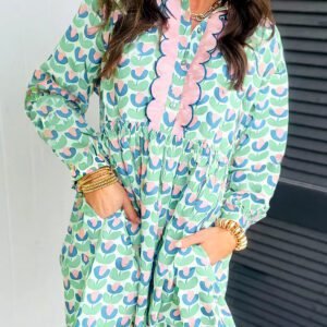 Green Floral Print Notched Neck Scalloped Detail Long Sleeve Mini Dress