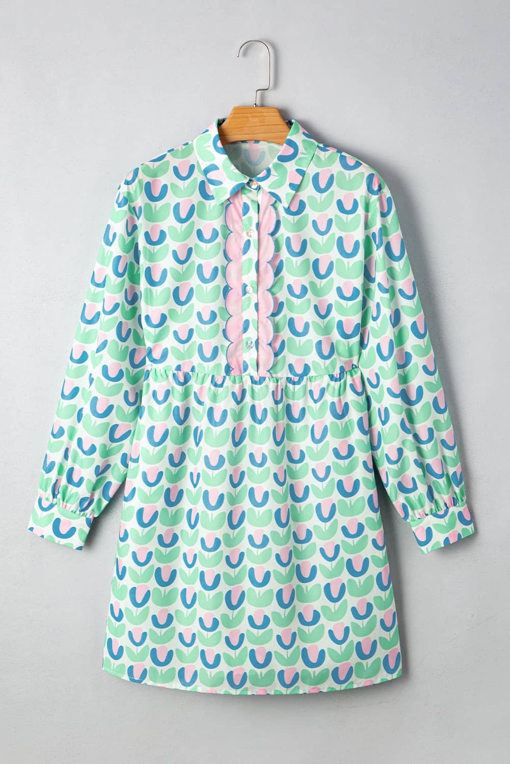 Green Floral Print Notched Neck Scalloped Detail Long Sleeve Mini Dress