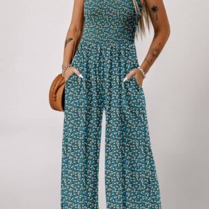 Green Floral Print Smocked High Waist Square Neck Jumpsuit