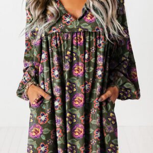 Green Floral Print Split Neck Bubble Sleeve Shift Mini Dress