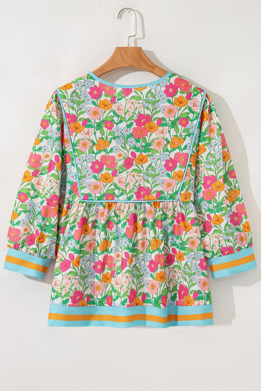 Green Floral Print Striped Trim Tie Neck Puff Sleeve Babydoll Blouse