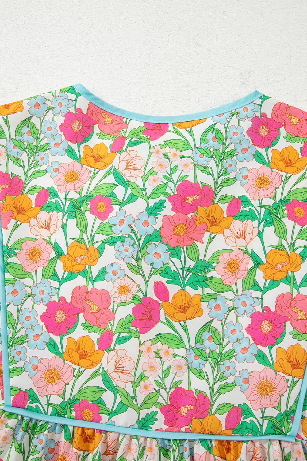 Green Floral Print Striped Trim Tie Neck Puff Sleeve Babydoll Blouse