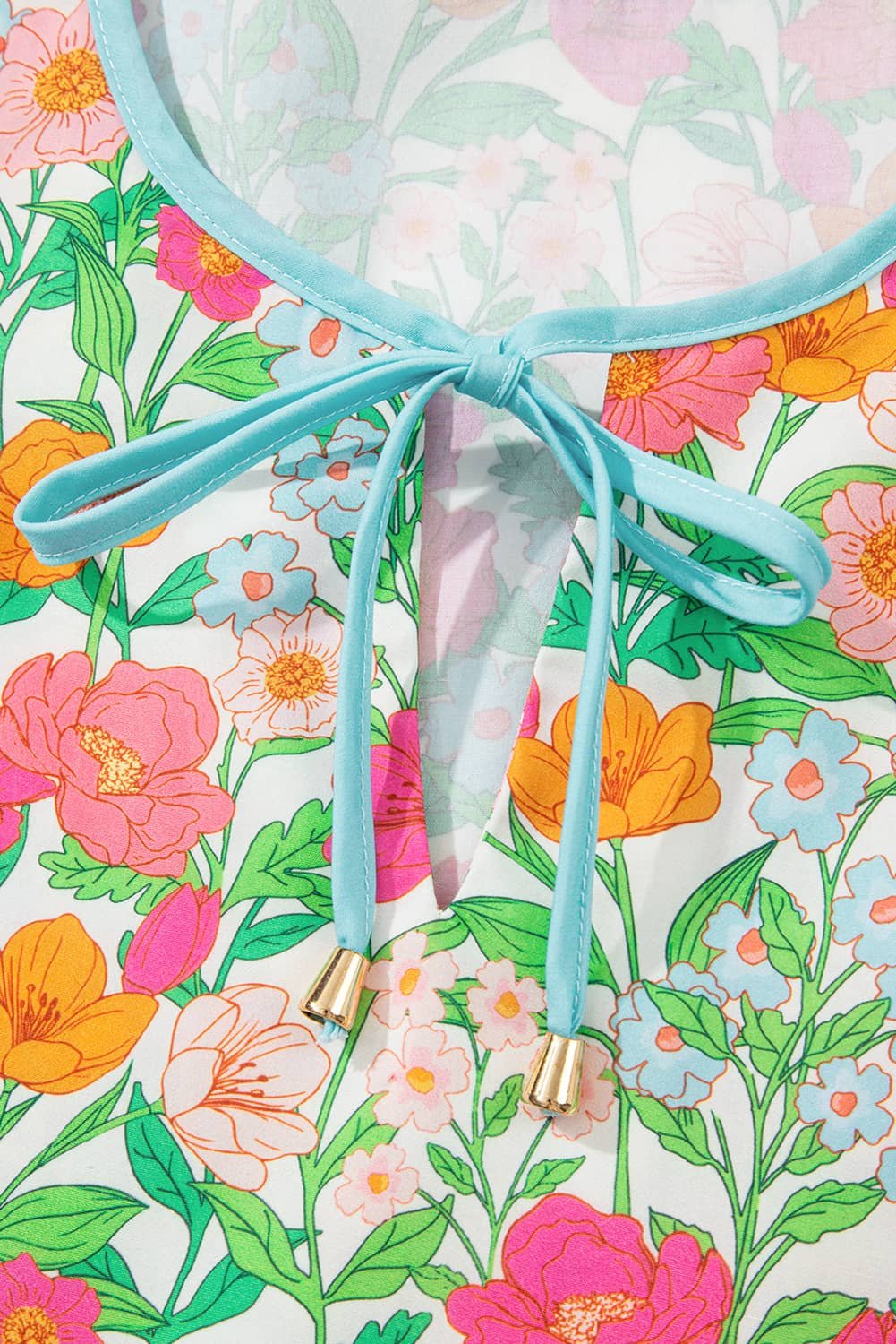 Green Floral Print Striped Trim Tie Neck Puff Sleeve Babydoll Blouse