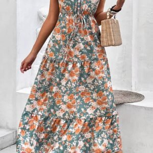 Green Floral Print Trimmed V Neck Tie Waist Sleeveless Holiday Long Dress