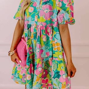Green Floral Puff Sleeve Collar Buttoned Babydoll Dress