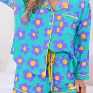 Green Flower Print Long Sleeve Shirt Shorts Pajamas Set