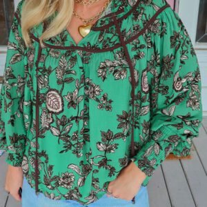 Green Leaves Print Contrast Trim V Neck Shirred Puff Sleeve Blouse