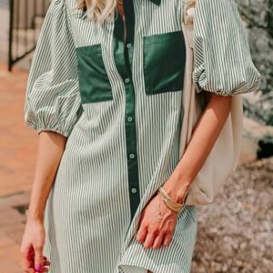 Green Patch Pockets Button Down Short Puff Sleeve Dress