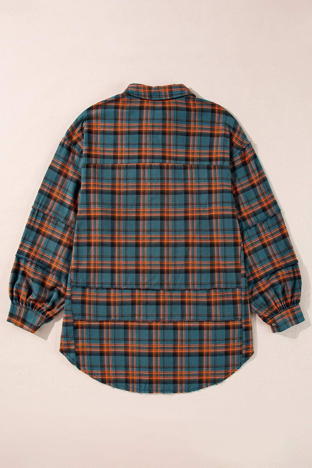 Green Plaid Long Sleeeve Side Split Distressed Hem Shirt