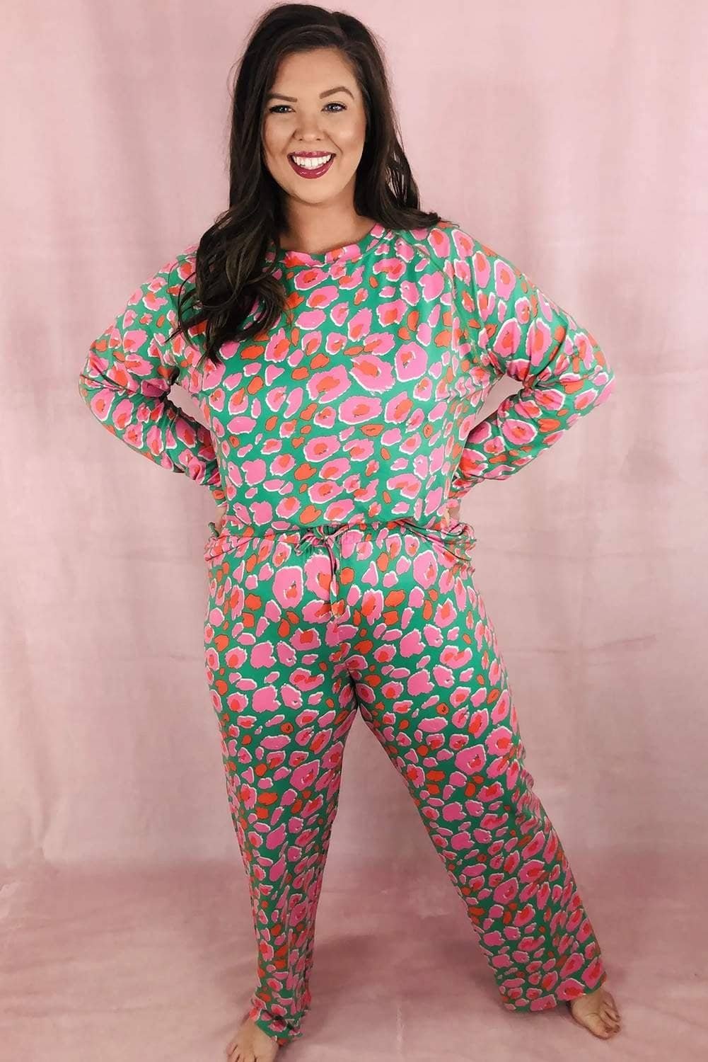 Green Plus Size Printed Long Sleeve And Pants Lounge Set