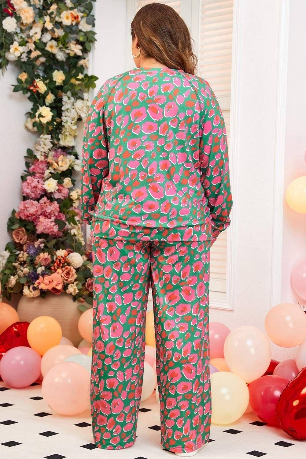 Green Plus Size Printed Long Sleeve And Pants Lounge Set