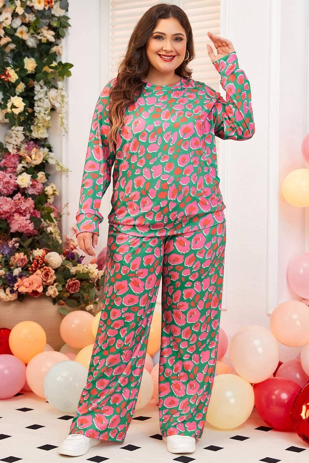 Green Plus Size Printed Long Sleeve And Pants Lounge Set