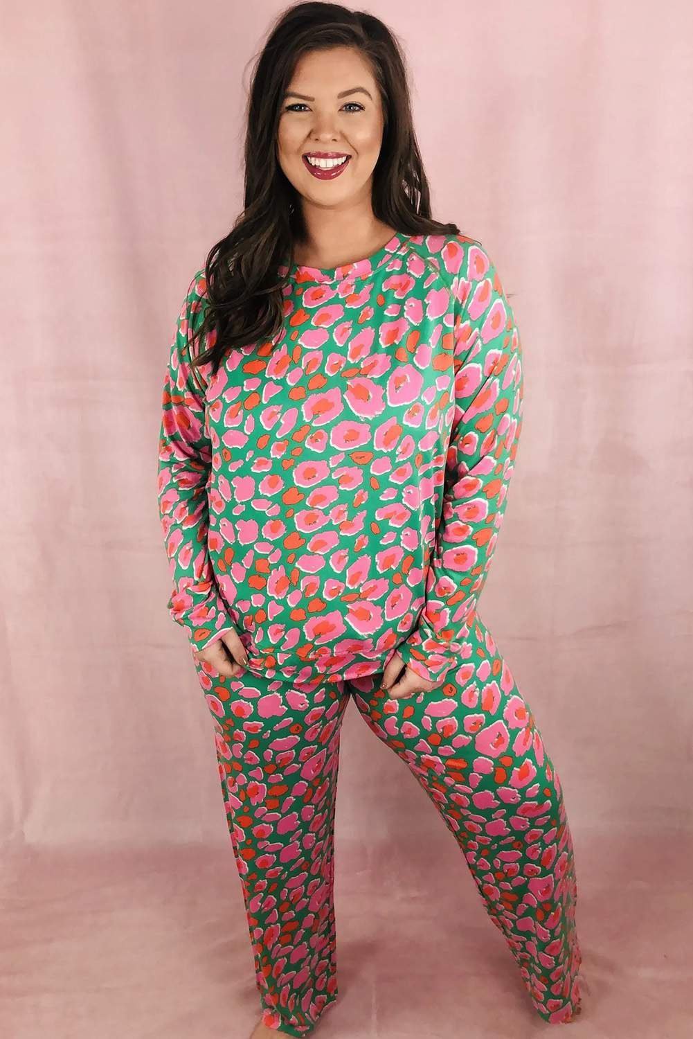 Green Plus Size Printed Long Sleeve And Pants Lounge Set