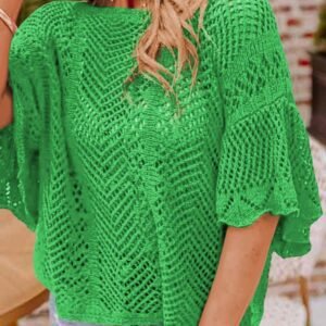 Green Pointelle Knit Scallop Edge Short Sleeve Top