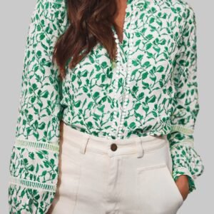 Green Printed Lace Detail Floral Puff Sleeve Fall Shirt