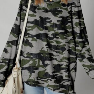 Green Retro Camouflage Print Exposed Seam Patchwork Drop Shoulder Sweatshirt