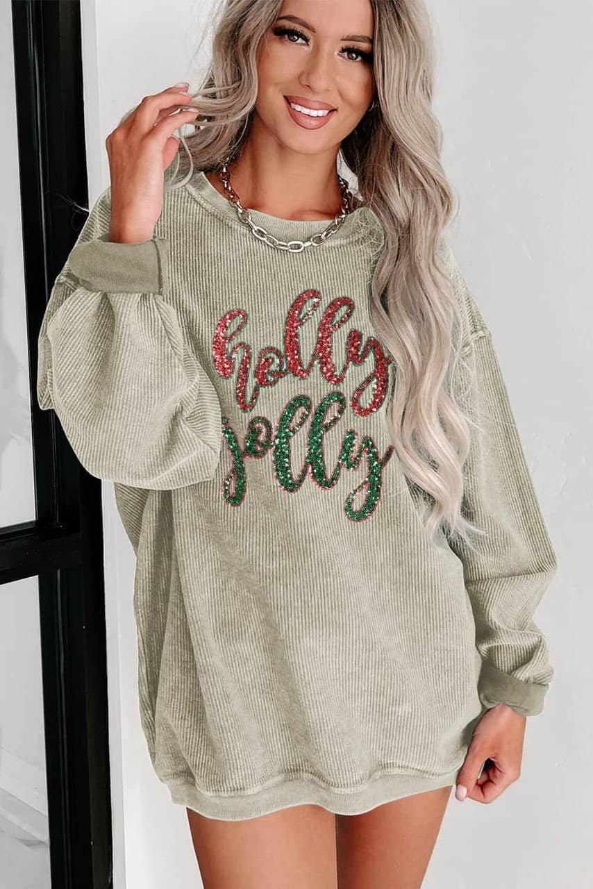 Green Sequined Holly Jolly Graphic Corded Sweatshirt