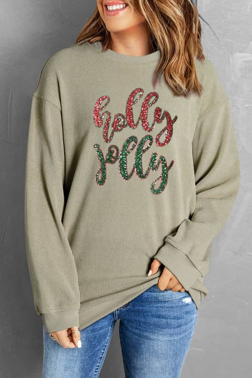 Green Sequined Holly Jolly Graphic Corded Sweatshirt