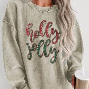 Green Sequined Holly Jolly Graphic Corded Sweatshirt