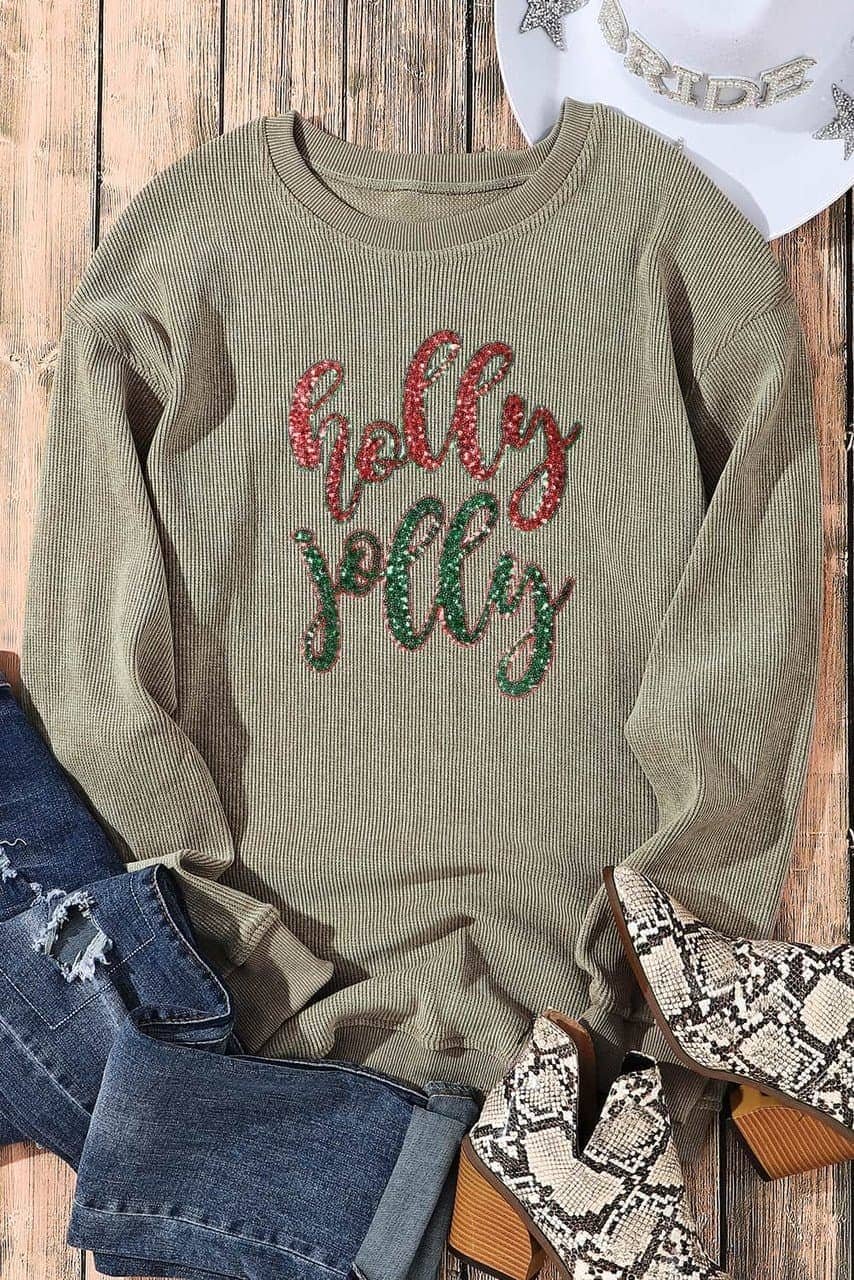 Green Sequined Holly Jolly Graphic Corded Sweatshirt