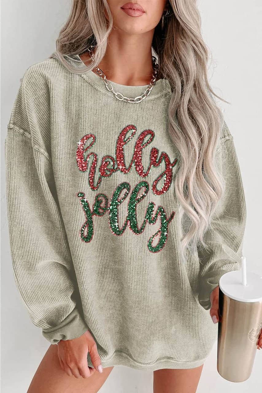 Green Sequined Holly Jolly Graphic Corded Sweatshirt