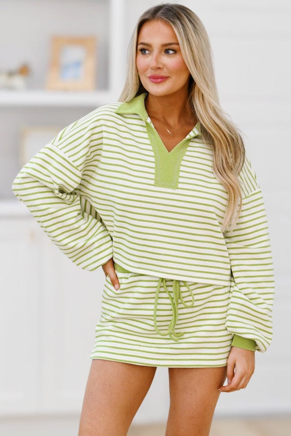 Green Stripe Collared V Neck Drop Shoulder Pullover And Skort 2Pcs Outfit